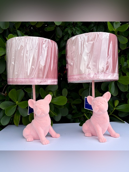 Curations by Couture Other - Pink Suede Frenchie French Bulldog Lamp Dog Puppy Velvet Fringe Shade (on right)
